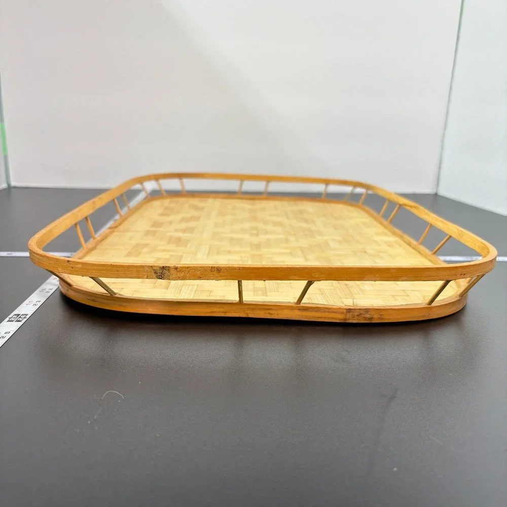 Woven Bamboo Serving Tray 16x11 Tan Boho Coastal Home Decor Style Layer Natural